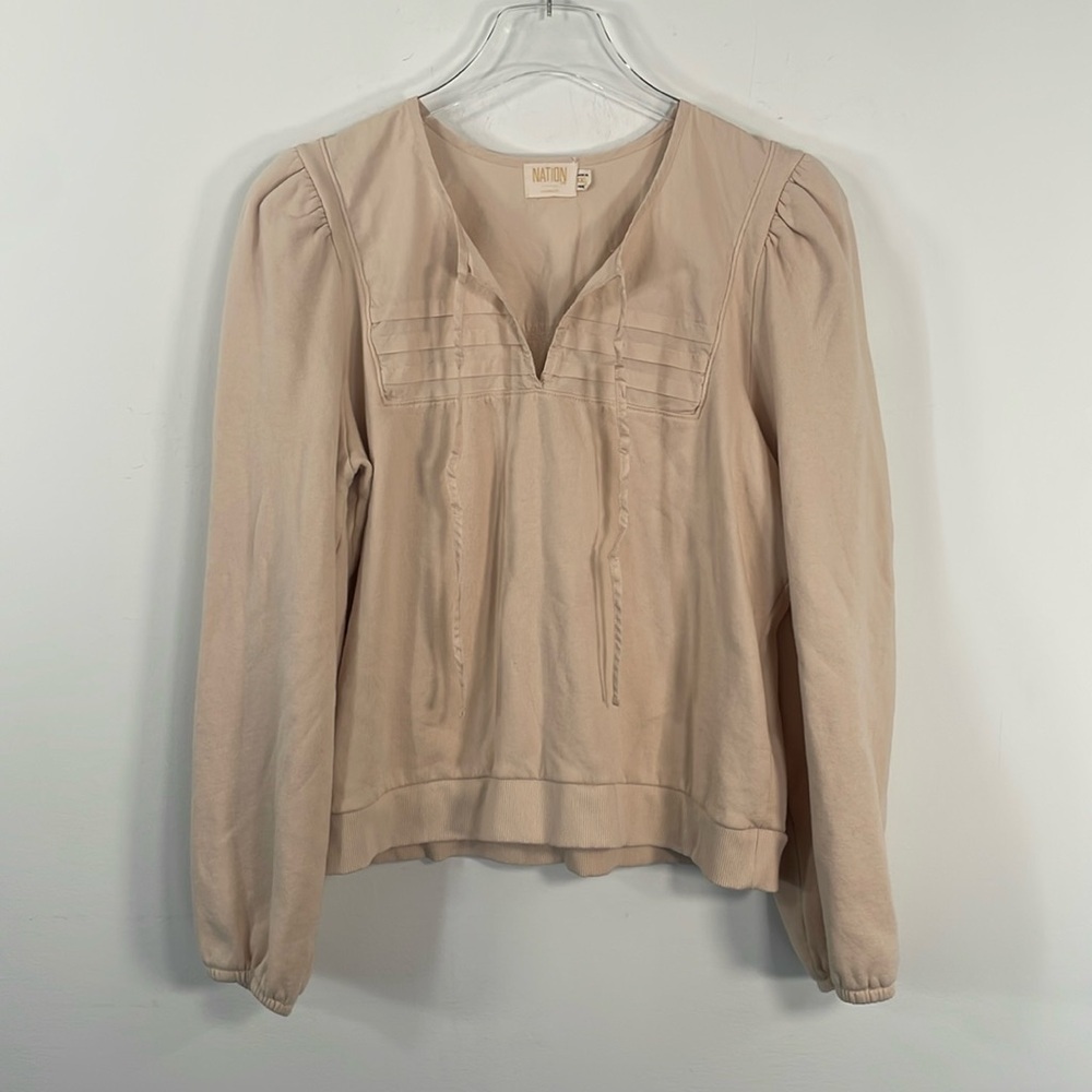 Nation LTD Cream Pleated Bib Puff Sleeve Tie Neck Sweatshirt XXL - Picture 2 of 9